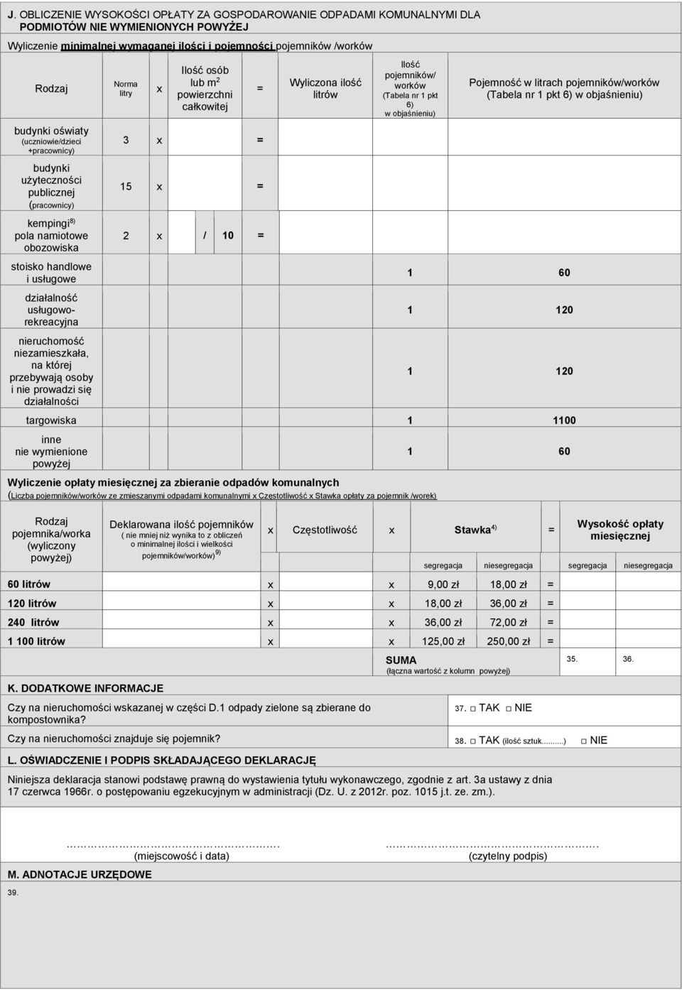 i nie prowadzi się działalności osób lub m 2 powierzchni całkowitej 3 15 2 / 10 Wyliczona ilość litrów / (Tabela nr 1 pkt 6) / 1 60 1 120 1 120 targowiska 1 1100 inne nie wymienione powyżej