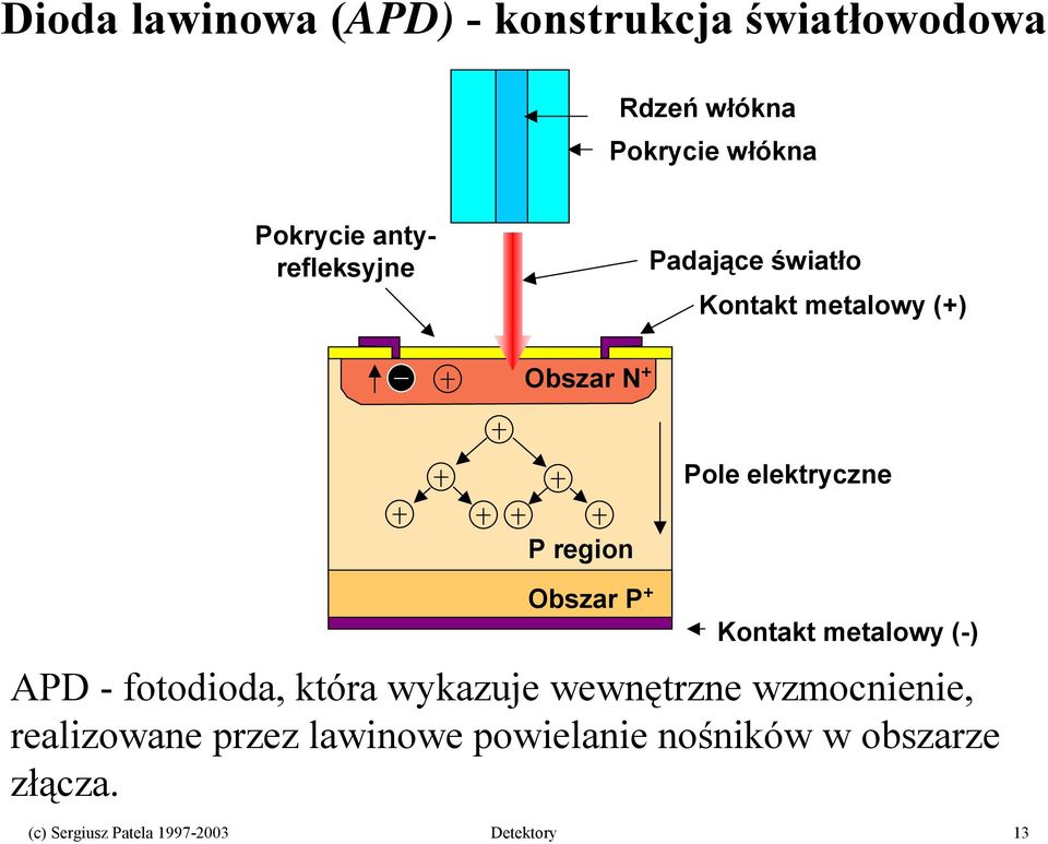 Obszar P + Kontakt metalowy (-) APD - fotodioda, która wykazuje wewnętrzne wzmocnienie,