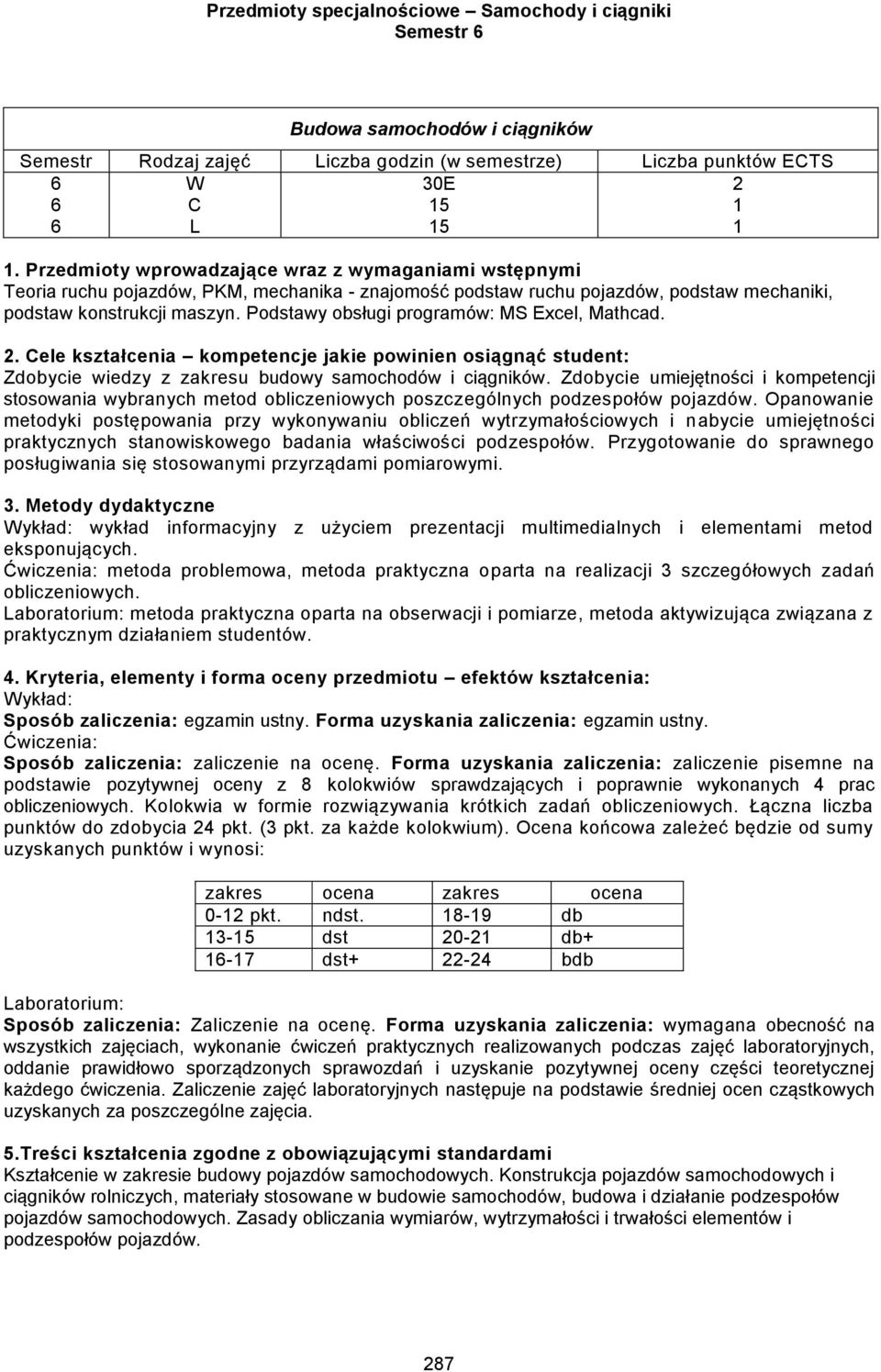 Podstawy obsługi programów: MS Excel, Mathcad.. Cele kształcenia kompetencje jakie powinien osiągnąć student: Zdobycie wiedzy z zakresu budowy samochodów i ciągników.