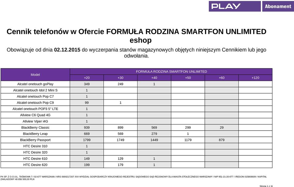 FORMUŁA RODZINA SMARTFON UNLIMITED Alcatel onetouch goplay 349 249 1 Alcatel onetouch Idol 2 Mini S 1 Alcatel onetouch Pop C7 1 Alcatel onetouch Pop C9 99