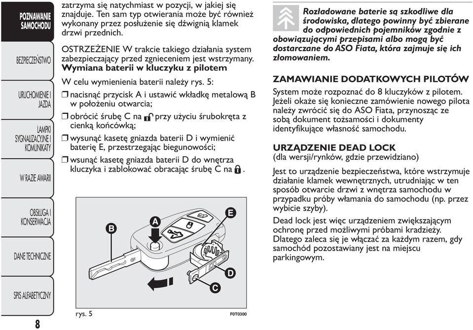 5: nacisnąć przycisk A i ustawić wkładkę metalową B w położeniu otwarcia; obrócić śrubę C na przy użyciu śrubokręta z cienką końcówką; wysunąć kasetę gniazda baterii D i wymienić baterię E,