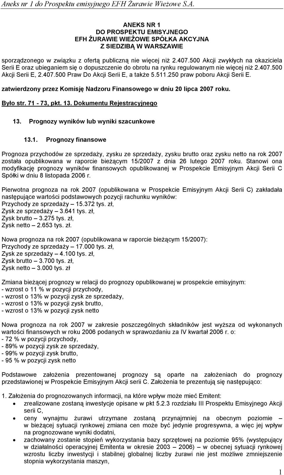 250 praw poboru Akcji Serii E. zatwierdzony przez Komisję Nadzoru Finansowego w dniu 20 lipca 2007 roku. Było str. 71-73, pkt. 13. Dokumentu Rejestracyjnego 13.