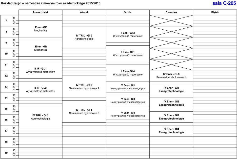 materiałów IV TRIL - GI 2 Seminarium dyplomowe 2 IV Ener - GI1 Normy prawne w ekoenergetyce IV Ener - GI1 Ekoagrotechnologie IV TRIL - GI 2 Agrotechnologie IV TRIL - GI 1 Seminarium