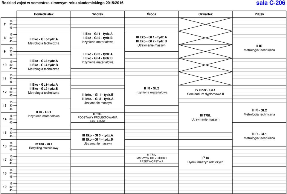 b Utrzymanie maszyn II IR Metrologia techniczna II Eko - GL1-tydz.A II Eko - GL2-tydz.B Metrologia techniczna II IR - GL1 Inżynieria materiałowa III Info. - GI 1 - tydz.b III Info. - GI 2 - tydz.