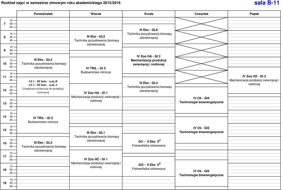 Technika pozyskiwania biomasy odzwierzęcej IV TRiL - GI 2 Budownictwo rolnicze IV Zoo HA - GI 1 Mechanizacja produkcji zwierzęcej i roślinnej III Eko - GL6.