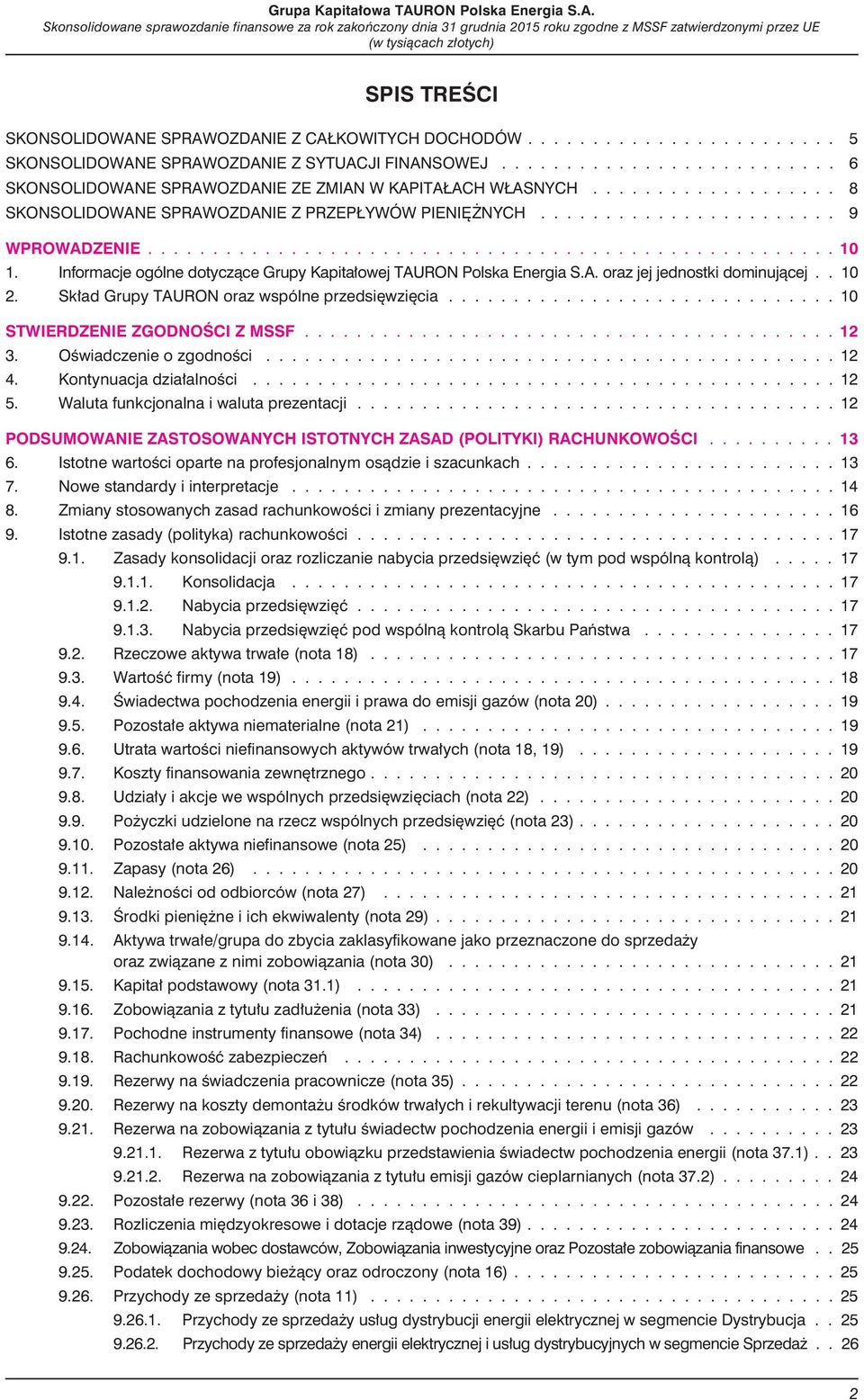 Skonsolidowane sprawozdanie finansowe za rok zakoñczony dnia 31 grudnia 2015 roku zgodne z MSSF zatwierdzonymi przez UE (w tysi¹cach z³otych) SPIS TREŒCI SKONSOLIDOWANE SPRAWOZDANIE Z CA KOWITYCH