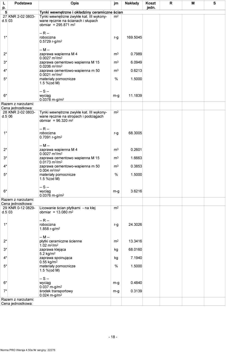 0021 m 3 / 5* materiały pomocnicze 6* wyciąg m-g 11.1839 0.0378 m-g/ 28 d.5 KNR 2-02 0803-06 Tynki wewnętrzne zwykłe kat. III wykonywane ręcznie na stropach i podciągach obmiar = 96.320 0.