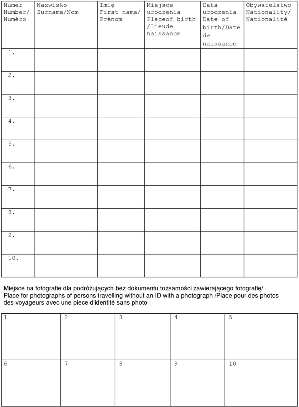 birth/date de naissance Obywatelstwo Nationality/ Nationalité 2. 3. 4. 5. 6. 7. 8. 9. 10.