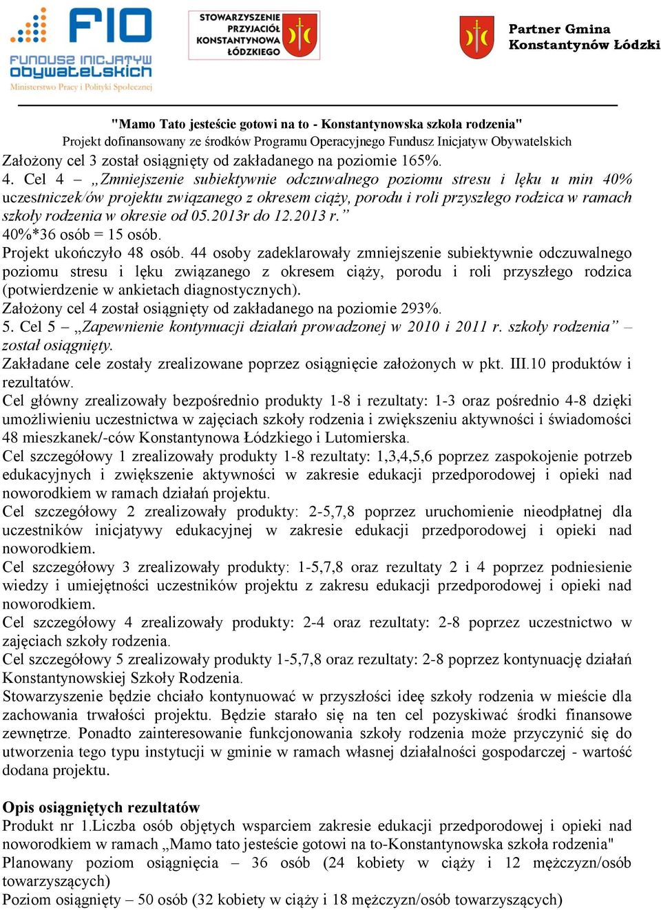 od 05.2013r do 12.2013 r. 40%*36 osób = 15 osób. Projekt ukończyło 48 osób.