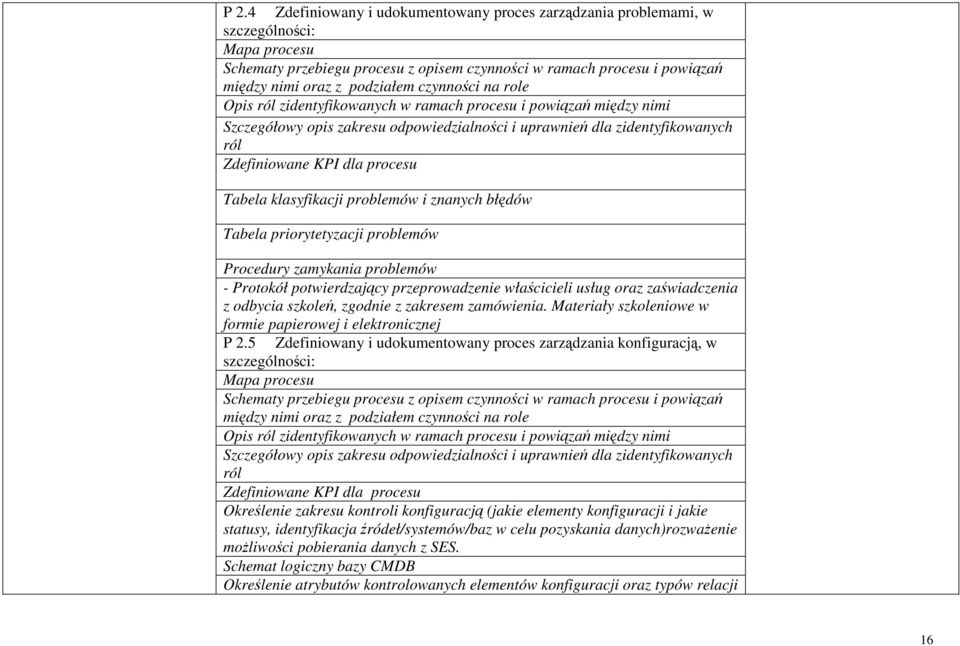 Tabela klasyfikacji problemów i znanych błędów Tabela priorytetyzacji problemów Procedury zamykania problemów - Protokół potwierdzający przeprowadzenie właścicieli usług oraz zaświadczenia z odbycia