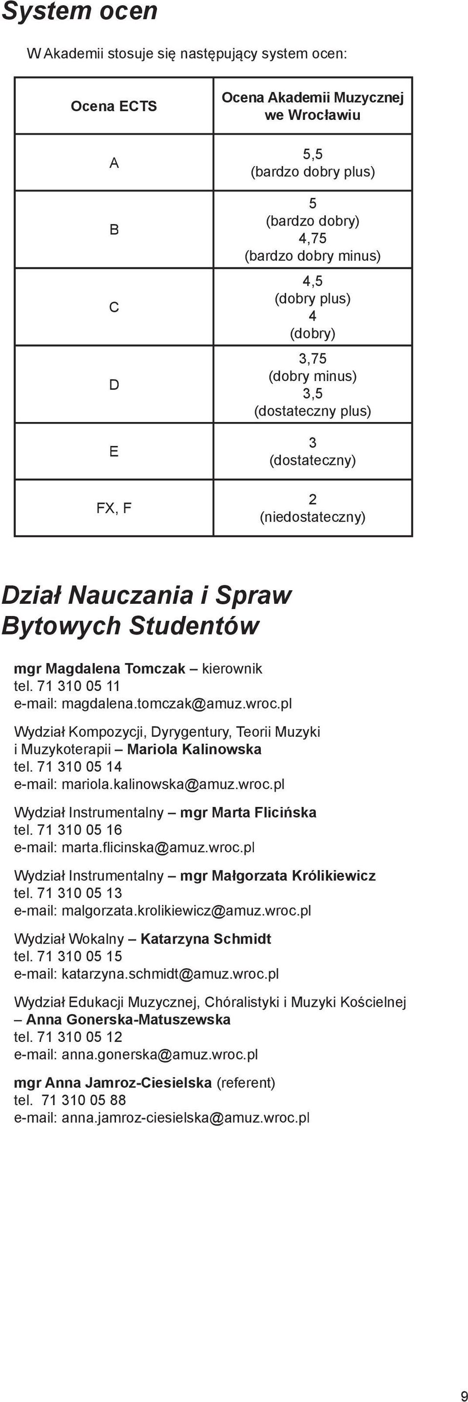 pl Wydiał Kompoycji, Dyrygntury, Torii Muyi i Muyotrapii Mariola Kalinowa tl. 7 0 05 mail: mariola.alinowa@amu.wroc.pl Wydiał Intrumntalny mgr Marta Flicińa tl. 7 0 05 6 mail: marta.flicina@amu.wroc.pl Wydiał Intrumntalny mgr Małgorata Króliiwic tl.