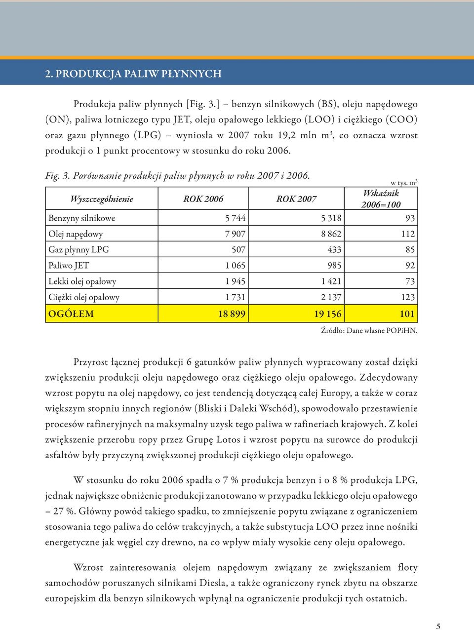 wzrost produkcji o 1 punkt procentowy w stosunku do roku 2006. Fig. 3. Porównanie produkcji paliw płynnych w roku 2007 i 2006. w tys.