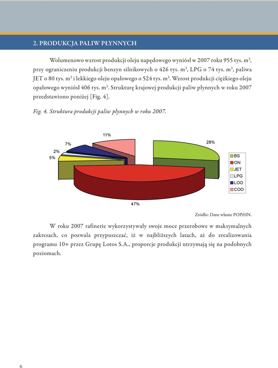 m 3. Wzrost produkcji ciężkiego oleju opałowego wyniósł 406 tys. m 3. Strukturę krajowej produkcji paliw płynnych w roku 2007 przedstawiono poniżej [Fig. 4]. Fig. 4. Struktura produkcji paliw płynnych w roku 2007.