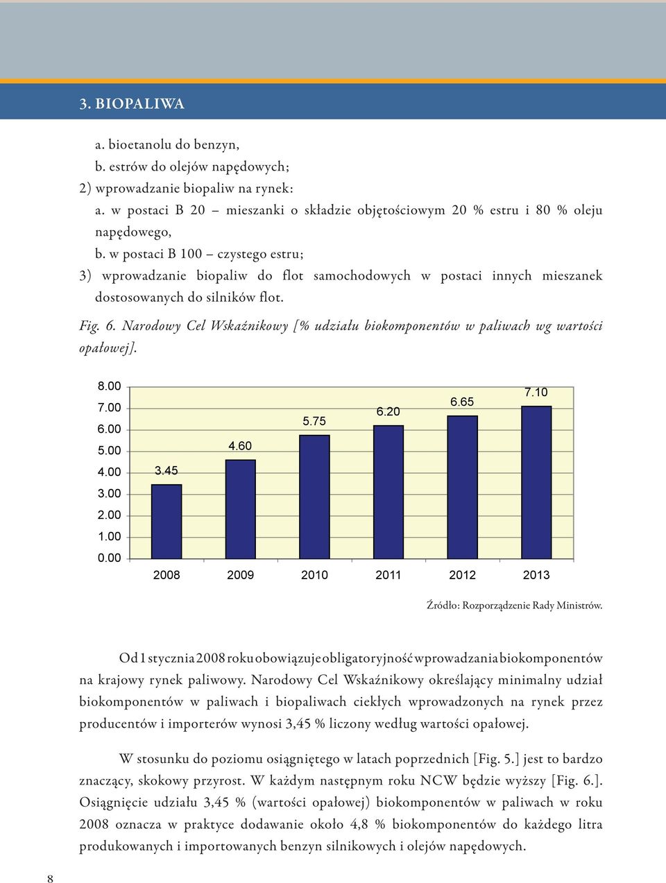 65 do silników flot. Fig. 6. Narodowy Cel Wskaźnikowy [% udziału biokomponentów w paliwach wg wartości opałowej]. NCW 2008 3.45 2010 5.75 2011 6.20 2013 7.10 8.00 7.00 6.00 5.00 4.00 3.00 2.00 1.00 0.