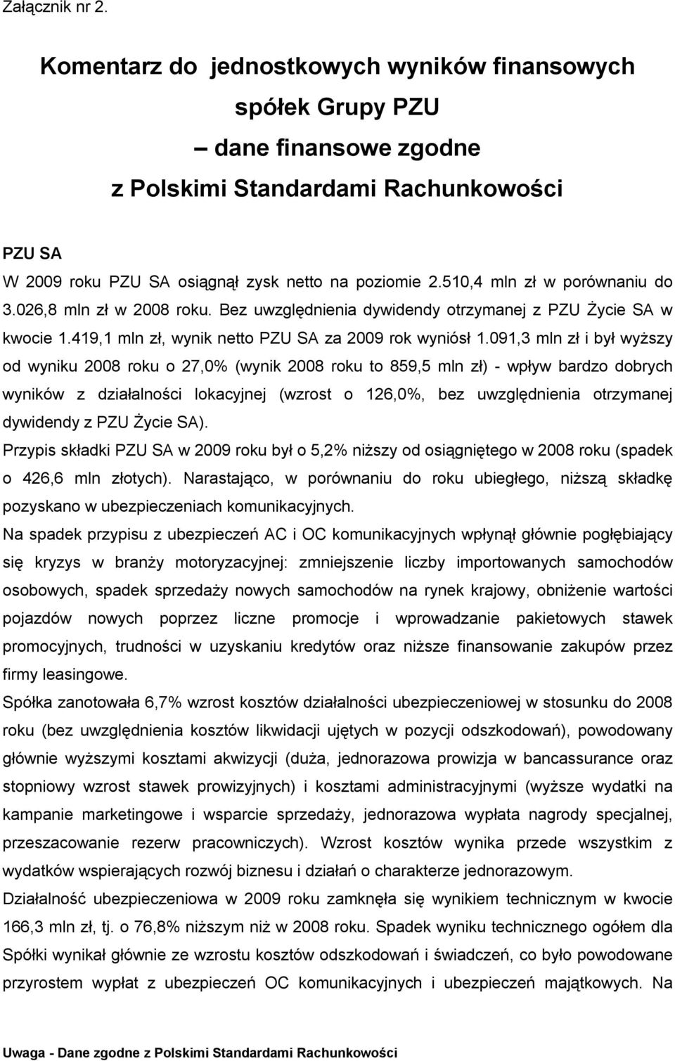 091,3 mln zł i był wyższy od wyniku 2008 roku o 27,0% (wynik 2008 roku to 859,5 mln zł) - wpływ bardzo dobrych wyników z działalności lokacyjnej (wzrost o 126,0%, bez uwzględnienia otrzymanej