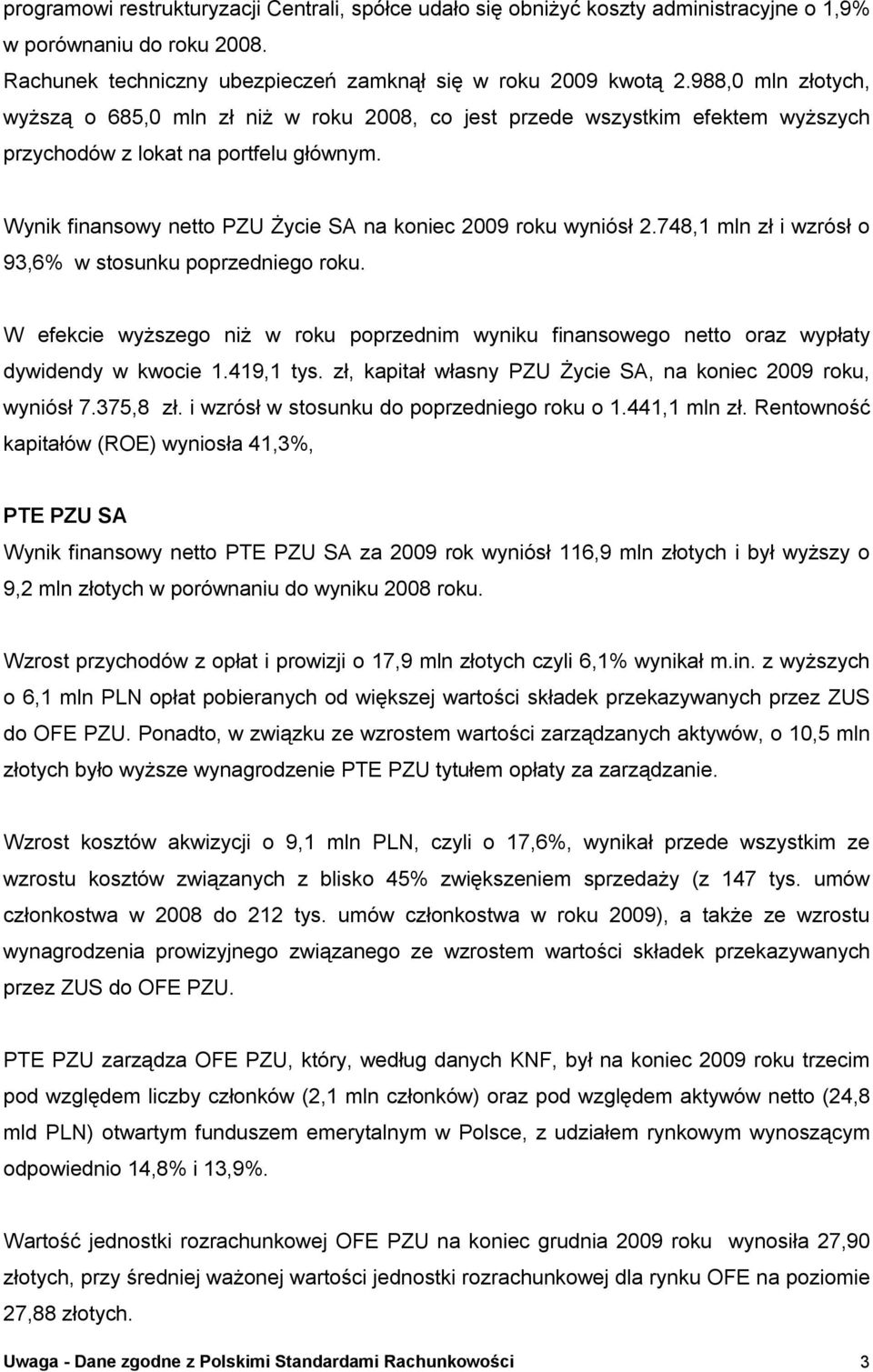 Wynik finansowy netto PZU Życie SA na koniec 2009 roku wyniósł 2.748,1 mln zł i wzrósł o 93,6% w stosunku poprzedniego roku.