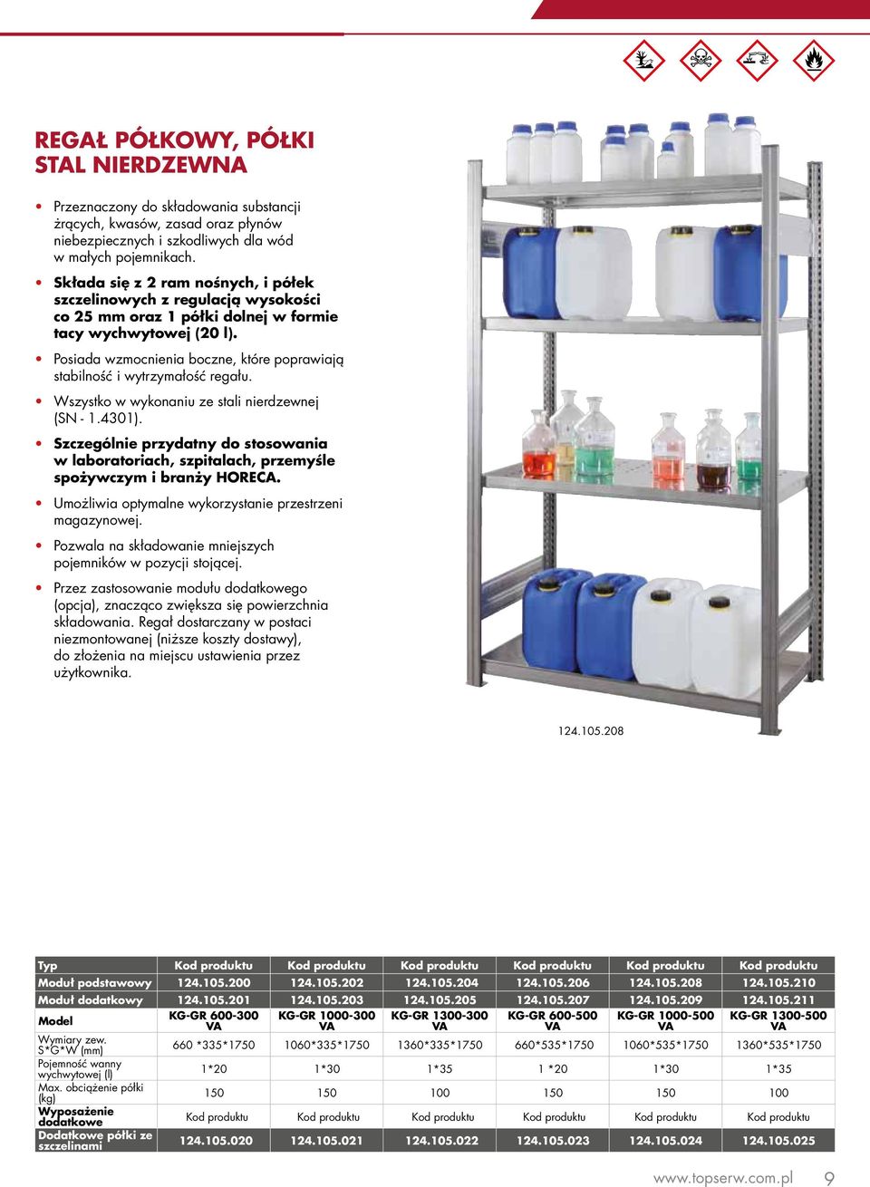 Posiada wzmocnienia boczne, które poprawiają stabilność i wytrzymałość regału. Wszystko w wykonaniu ze stali nierdzewnej (SN - 1.4301).