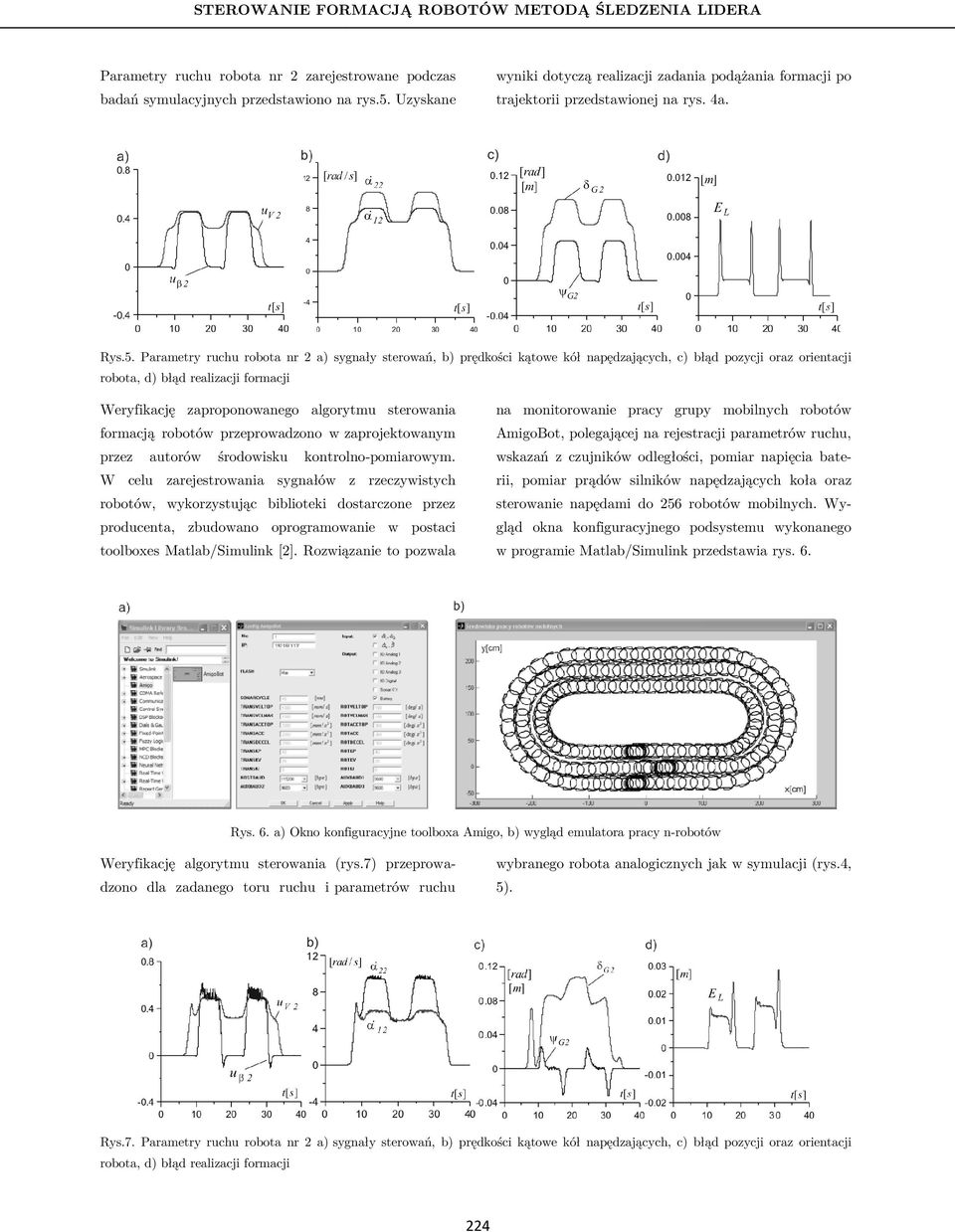 Parametry ruchu robota nr a) sygnały sterowań, b) prędkośc kątowe kół napędzających, c) błąd pozycj oraz orentacj orentacj robota, d) błąd realzacj formacj Weryfkację zaproponowanego algorytmu