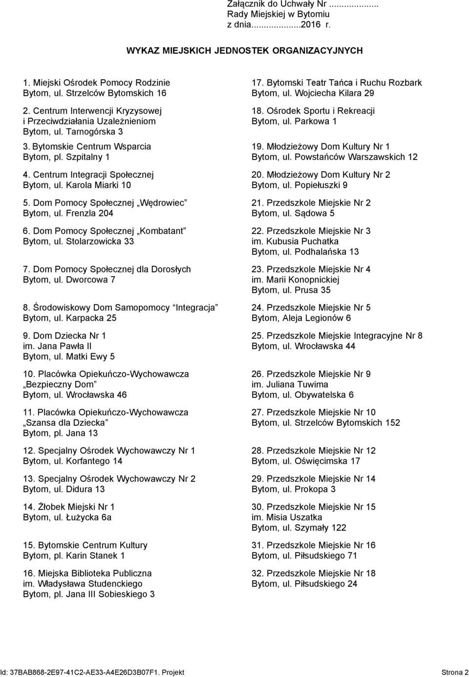 Karola Miarki 10 5. Dom Pomocy Społecznej Wędrowiec Bytom, ul. Frenzla 204 6. Dom Pomocy Społecznej Kombatant Bytom, ul. Stolarzowicka 33 7. Dom Pomocy Społecznej dla Dorosłych Bytom, ul.