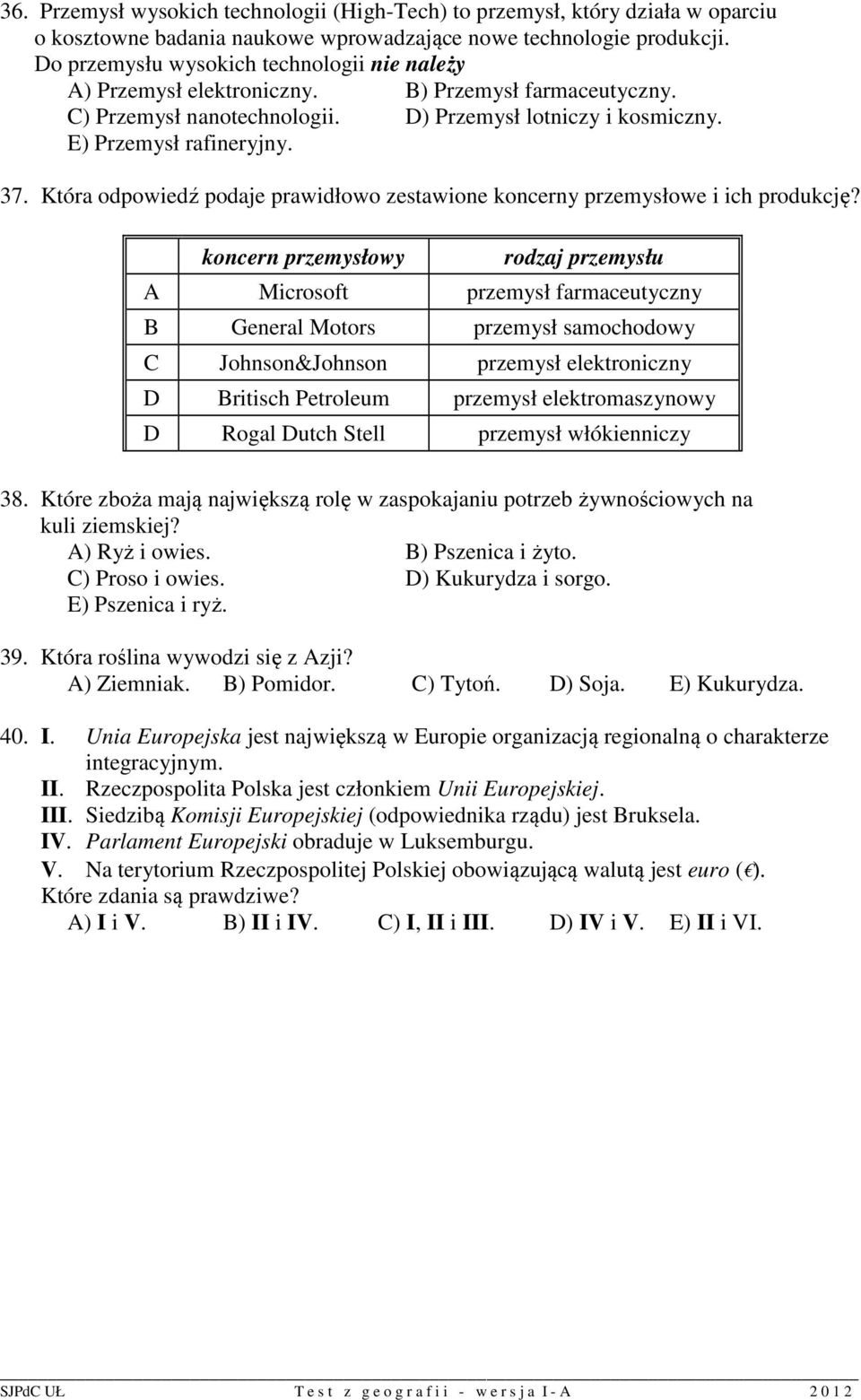 Która odpowiedź podaje prawidłowo zestawione koncerny przemysłowe i ich produkcję?