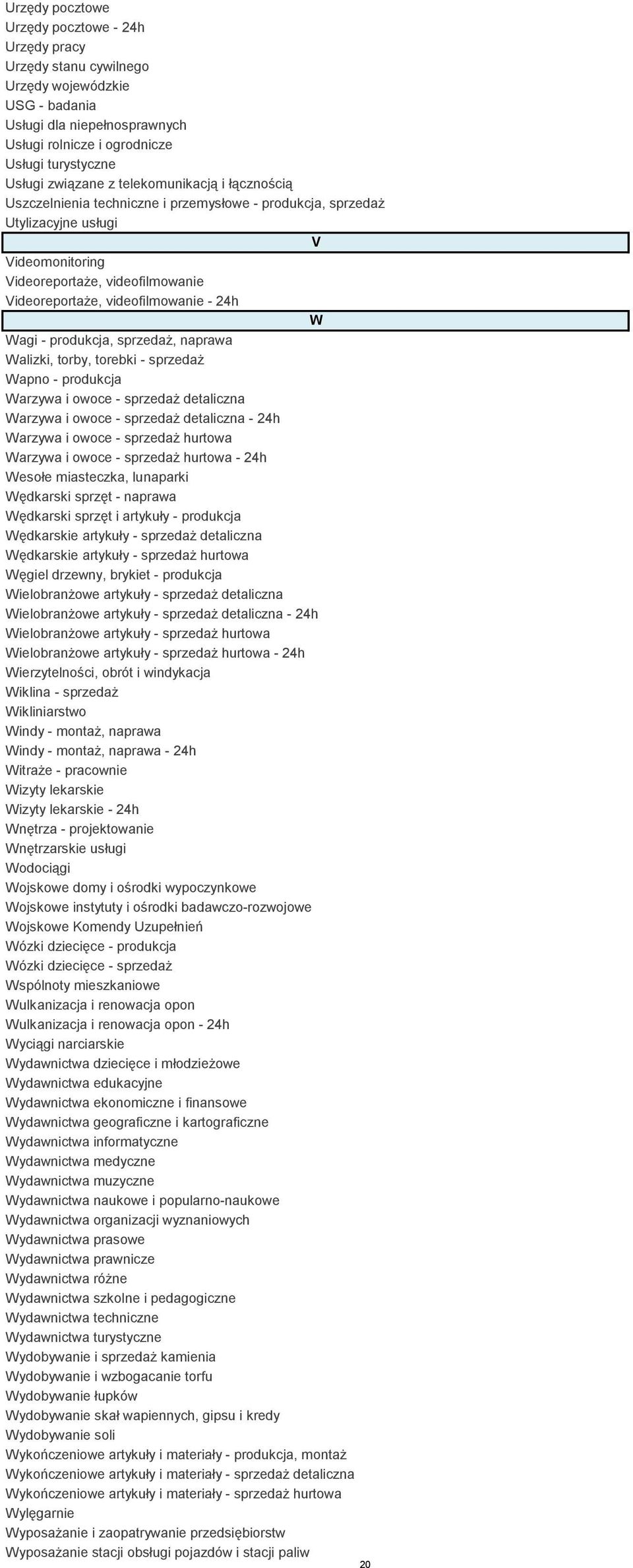 W Wagi - produkcja, sprzedaż, naprawa Walizki, torby, torebki - sprzedaż Wapno - produkcja Warzywa i owoce - sprzedaż detaliczna Warzywa i owoce - sprzedaż detaliczna - 24h Warzywa i owoce - sprzedaż