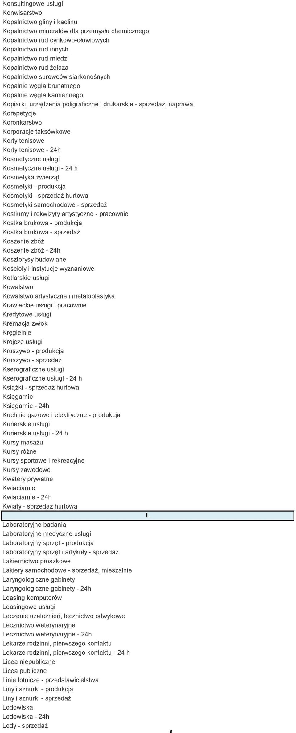 Koronkarstwo Korporacje taksówkowe Korty tenisowe Korty tenisowe - 24h Kosmetyczne usługi Kosmetyczne usługi - 24 h Kosmetyka zwierząt Kosmetyki - produkcja Kosmetyki - sprzedaż hurtowa Kosmetyki