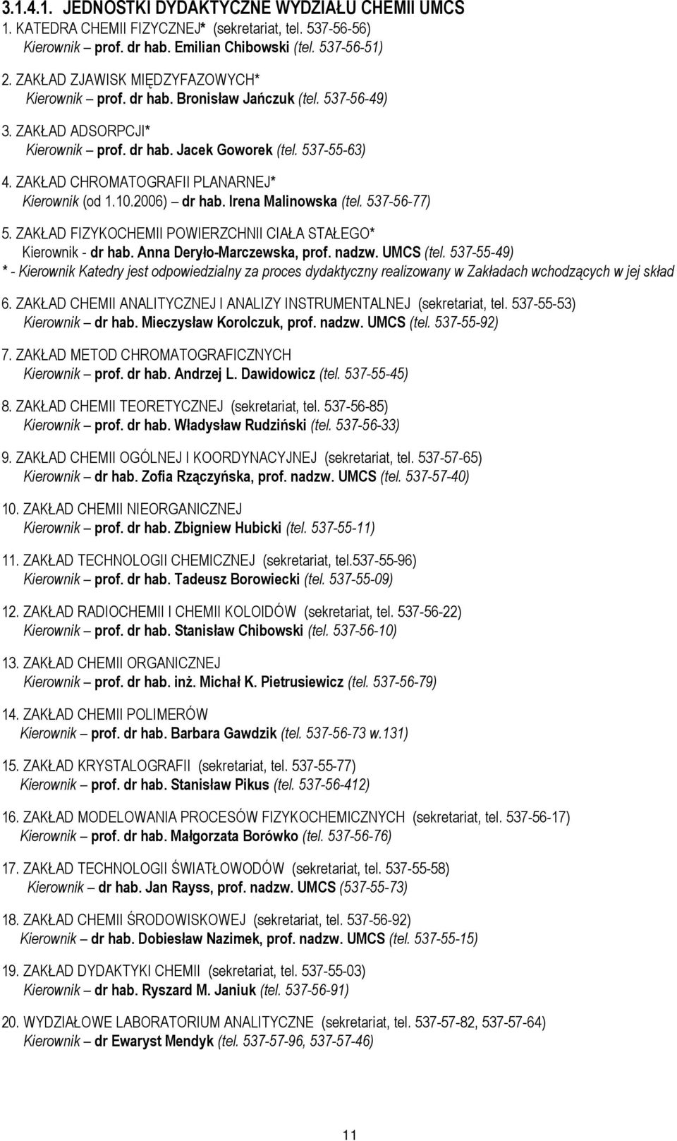 ZAKŁAD CHROMATOGRAFII PLANARNEJ* Kierownik (od 1.10.2006) dr hab. Irena Malinowska (tel. 537-56-77) 5. ZAKŁAD FIZYKOCHEMII POWIERZCHNII CIAŁA STAŁEGO* Kierownik - dr hab. Anna Deryło-Marczewska, prof.