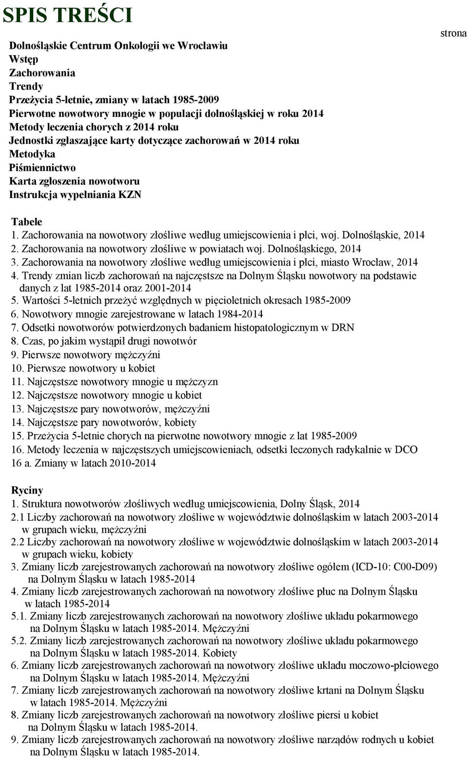 Zachorowania na nowotwory złośliwe według umiejscowienia i płci, woj. Dolnośląskie, 2014 2. Zachorowania na nowotwory złośliwe w powiatach woj. Dolnośląskiego, 2014 3.