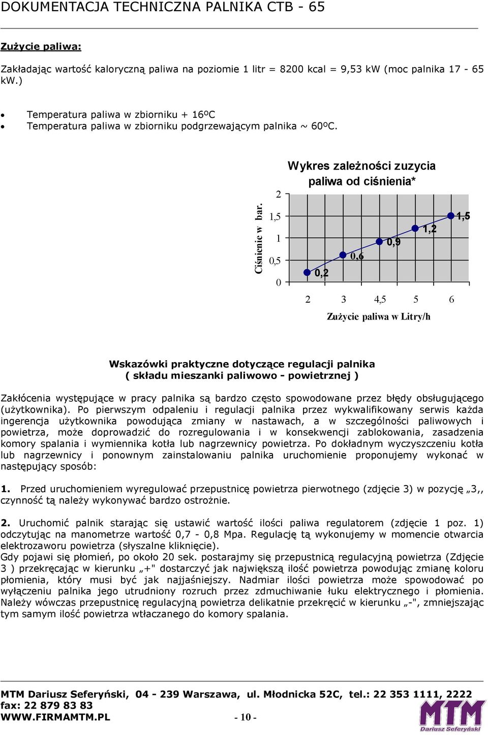 2 1,5 1 0,5 0 Wykres zależności zuzycia paliwa od ciśnienia* 0,2 0,6 0,9 1,2 2 3 4,5 5 6 Zużycie paliwa w Litry/h 1,5 Wskazówki praktyczne dotyczące regulacji palnika ( składu mieszanki paliwowo -