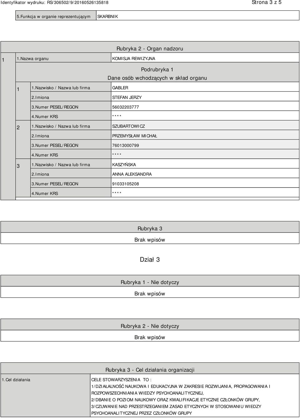 Numer PESEL/REGON 91033105208 Rubryka 3 Dział 3 Rubryka 1 - Nie dotyczy Rubryka 2 - Nie dotyczy Rubryka 3 - Cel działania organizacji 1.