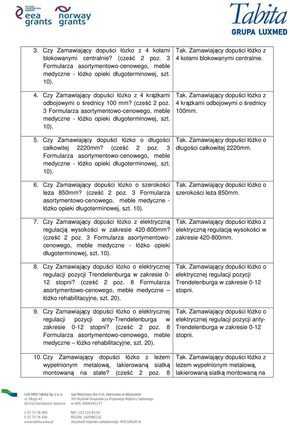 7. Czy Zamawiający dopuści łózko z elektryczną regulacją wysokości w zakresie 420-800mm? (cześć 2 poz. 3 Formularza asortymentowocenowego, meble medyczne - łóżko opieki długoterminowej, szt. 8.