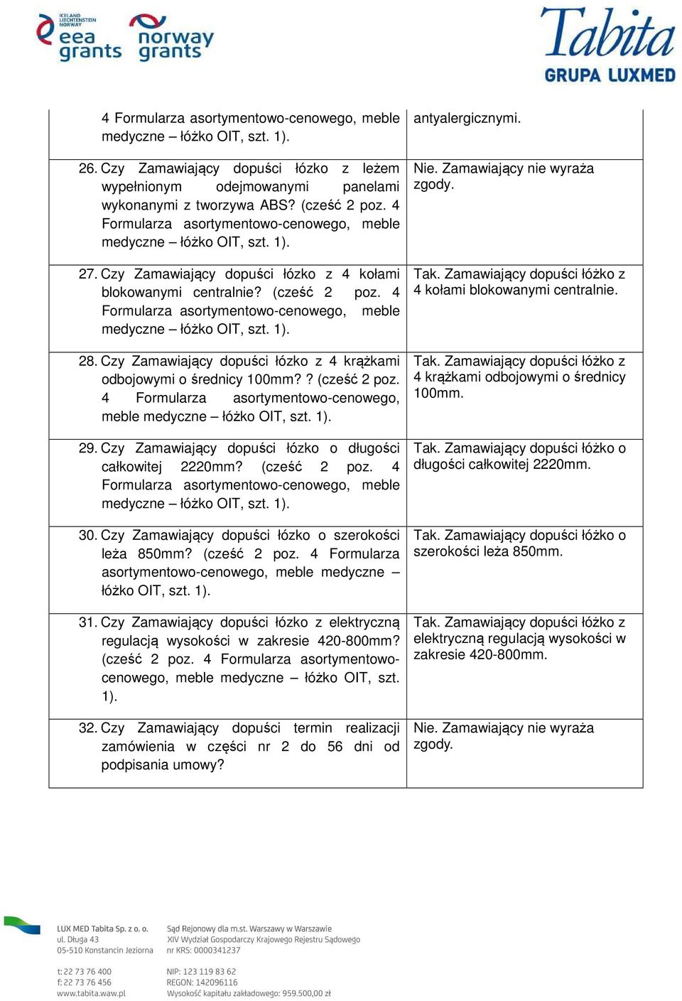 (cześć 2 poz. 4 30. Czy Zamawiający dopuści łózko o szerokości leża 850mm? (cześć 2 poz. 4 Formularza łóżko OIT, szt. 1). 31.