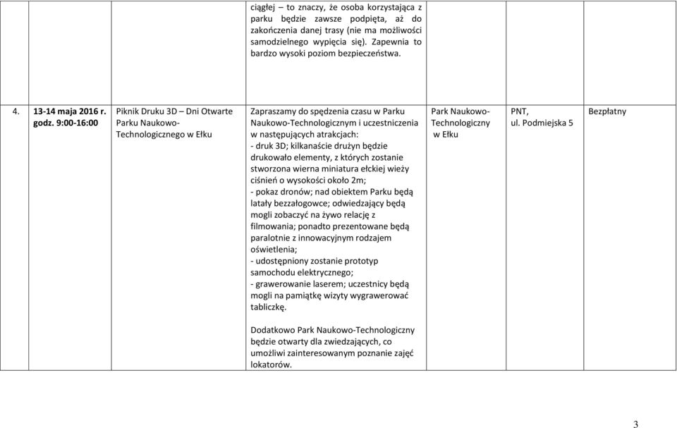 9:00-16:00 Piknik Druku 3D Dni Otwarte Parku Naukowo- Technologicznego w Zapraszamy do spędzenia czasu w Parku Naukowo-Technologicznym i uczestniczenia w następujących atrakcjach: - druk 3D;