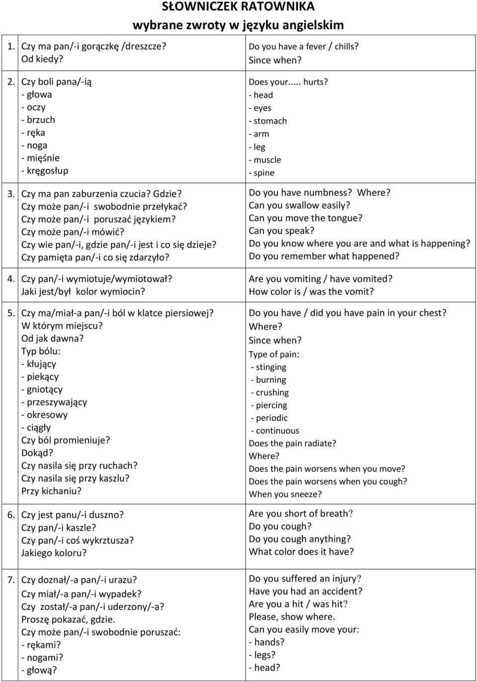 Czy pamięta pan/-i co się zdarzyło? 4. Czy pan/-i wymiotuje/wymiotował? Jaki jest/był kolor wymiocin? 5. Czy ma/miał-a pan/-i ból w klatce piersiowej? W którym miejscu? Od jak dawna?
