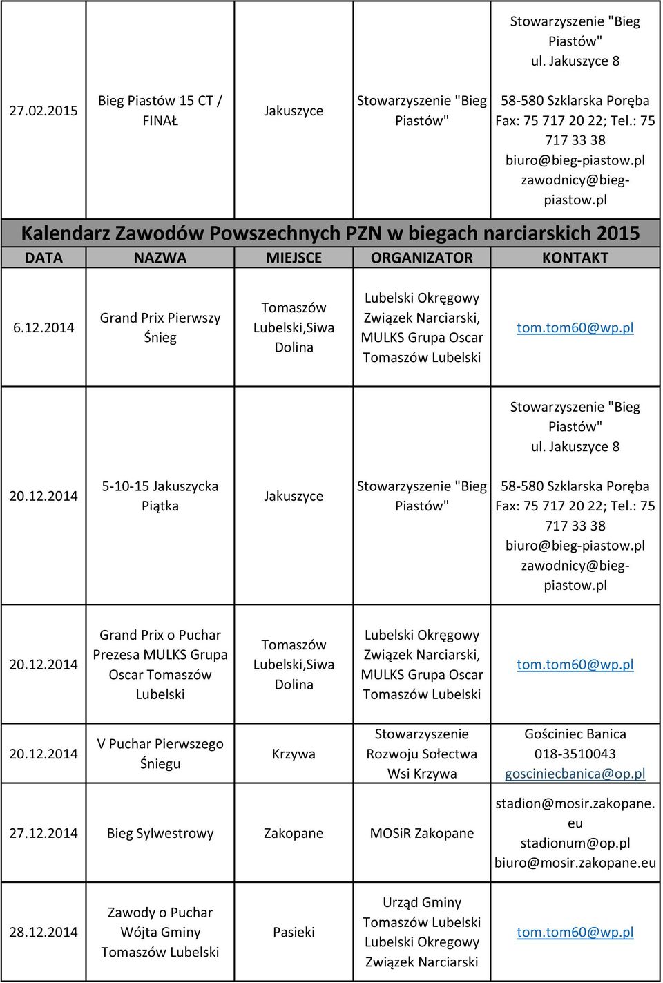 12.2014 V Puchar Pierwszego Śniegu Krzywa Stowarzyszenie Rozwoju Sołectwa Wsi Krzywa Gościniec Banica 018-3510043 gosciniecbanica@op.pl 27.12.2014 Bieg Sylwestrowy Zakopane MOSiR Zakopane stadion@mosir.