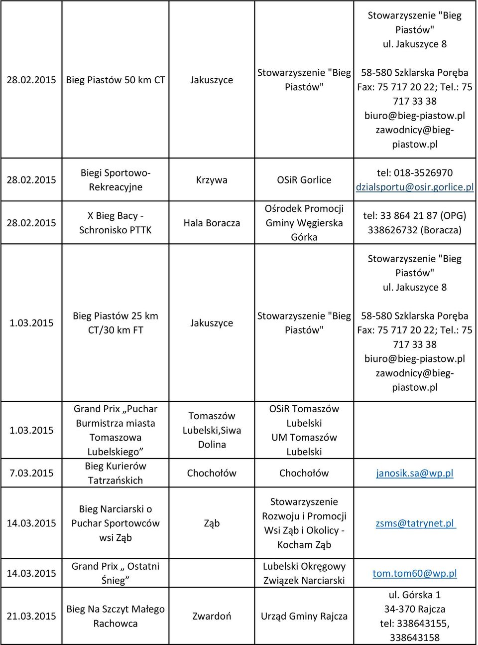 pl 14.03.2015 Bieg Narciarski o Puchar Sportowców wsi Ząb Ząb Stowarzyszenie Rozwoju i Promocji Wsi Ząb i Okolicy - Kocham Ząb zsms@tatrynet.pl 14.03.2015 21.03.2015 Grand Prix Ostatni Śnieg Bieg Na Szczyt Małego Rachowca Zwardoń Urząd Gminy Rajcza ul.