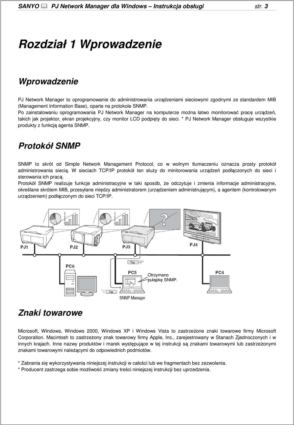 SNMP. Po zainstalowaniu oprogramowania PJ Network Manager na komputerze moŝna łatwo monitorować pracę urządzeń, takich jak projektor, ekran projekcyjny, czy monitor LCD podpięty do sieci.