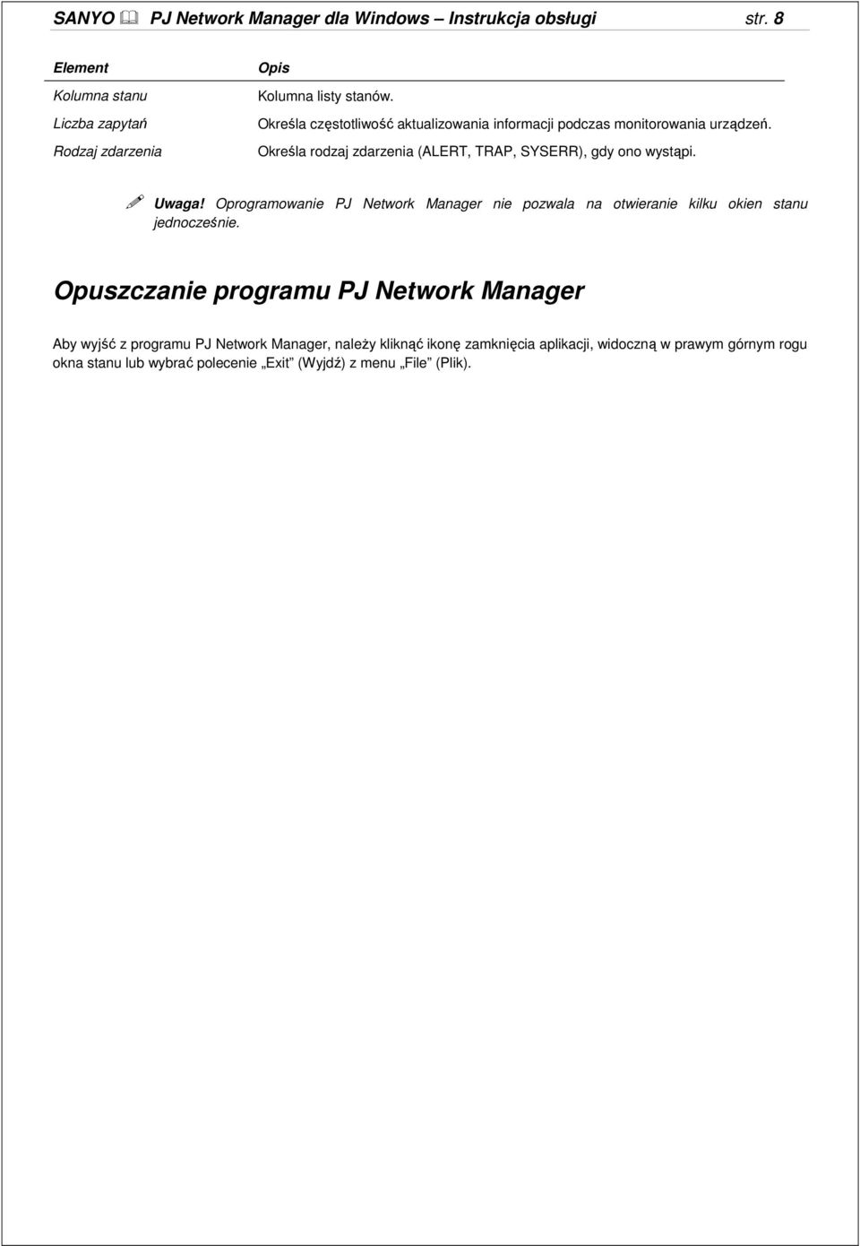 Oprogramowanie PJ Network Manager nie pozwala na otwieranie kilku okien stanu jednocześnie.