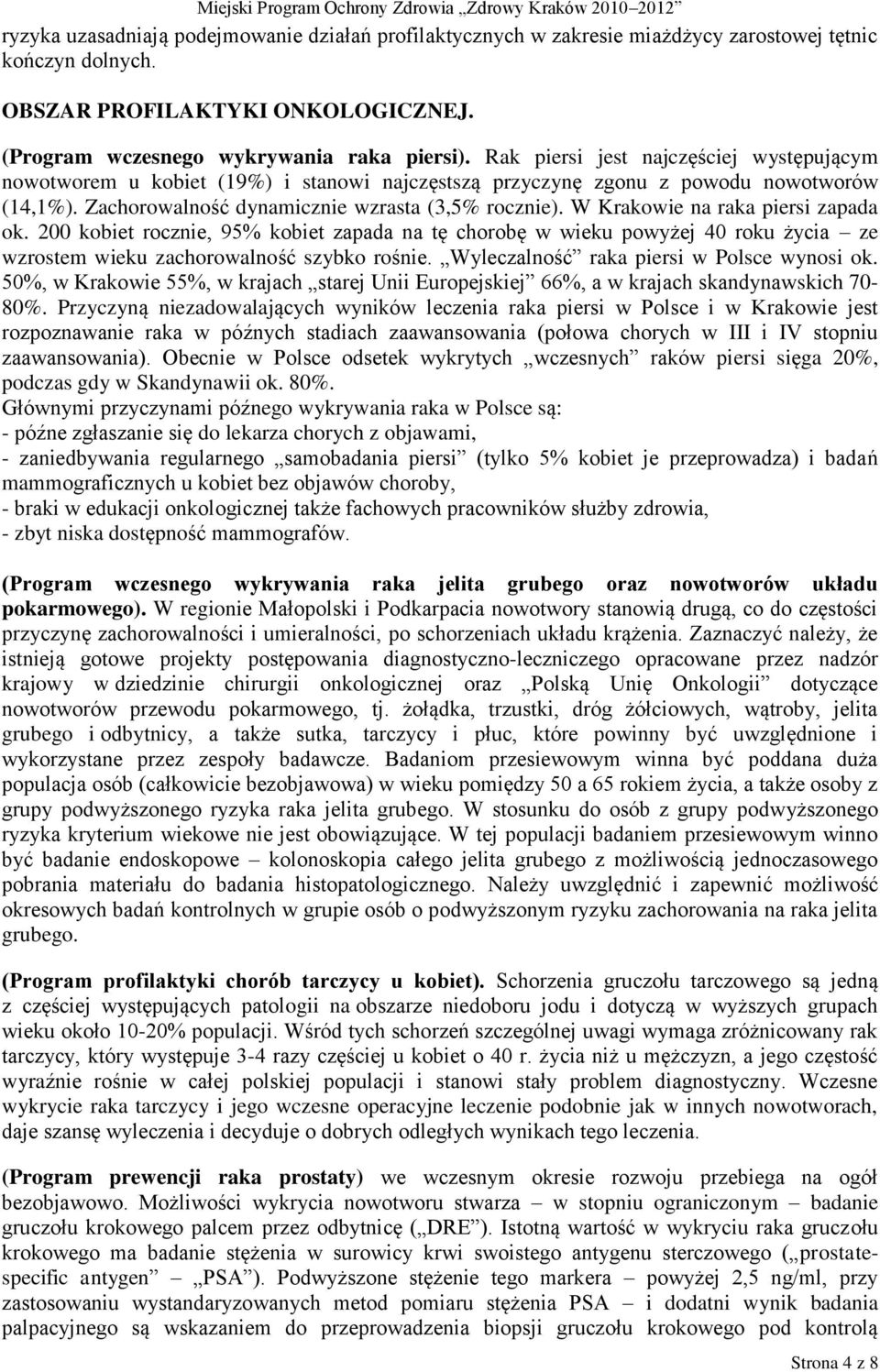 W Krakowie na raka piersi zapada ok. 200 kobiet rocznie, 95% kobiet zapada na tę chorobę w wieku powyżej 40 roku życia ze wzrostem wieku zachorowalność szybko rośnie.