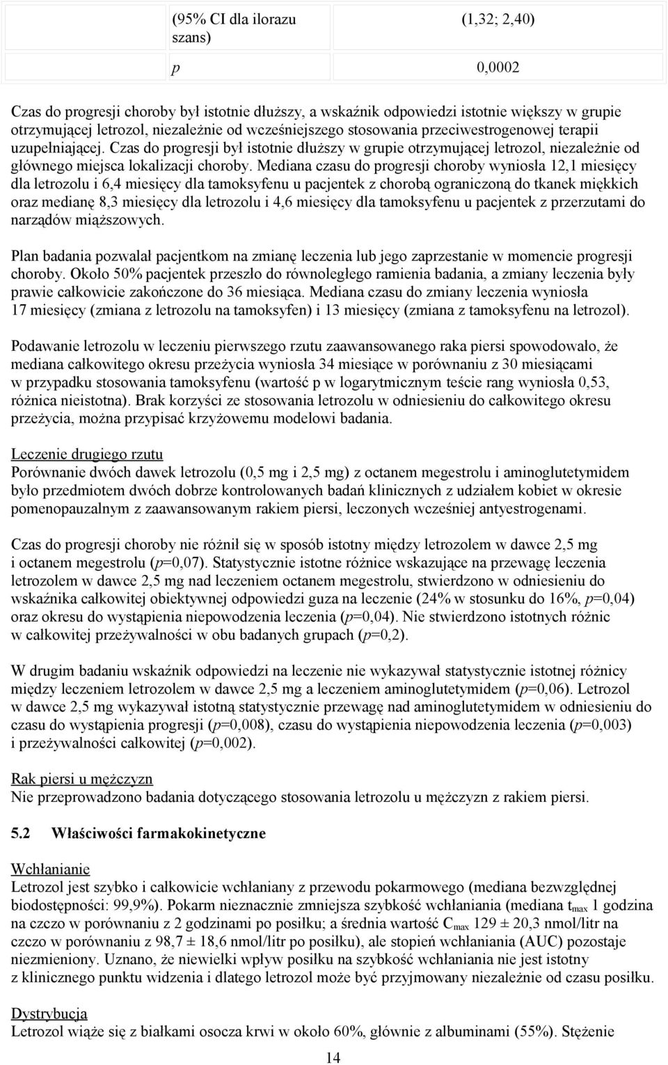 Mediana czasu do progresji choroby wyniosła 12,1 miesięcy dla letrozolu i 6,4 miesięcy dla tamoksyfenu u pacjentek z chorobą ograniczoną do tkanek miękkich oraz medianę 8,3 miesięcy dla letrozolu i