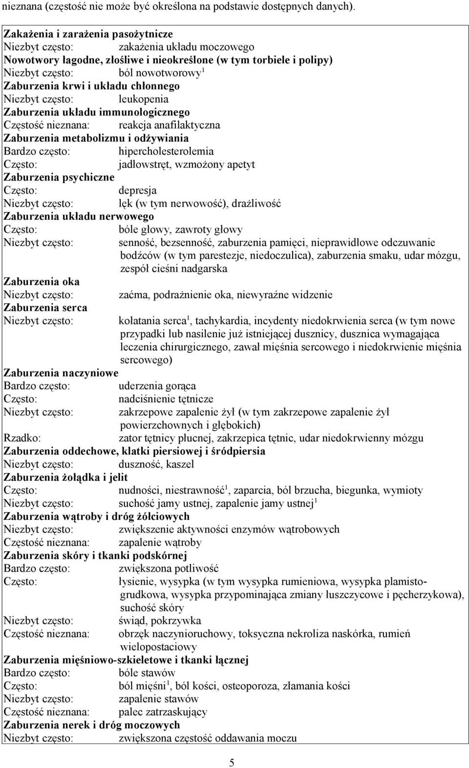 układu chłonnego Niezbyt często: leukopenia Zaburzenia układu immunologicznego Częstość nieznana: reakcja anafilaktyczna Zaburzenia metabolizmu i odżywiania Bardzo często: hipercholesterolemia