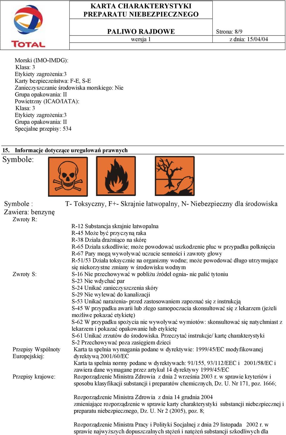 Informacje dotyczące uregulowań prawnych Symbole: Symbole : Zawiera: benzynę Zwroty R: Zwroty S: Przepisy Wspólnoty Europejskiej: Przepisy krajowe: T- Toksyczny, F+- Skrajnie łatwopalny, N-