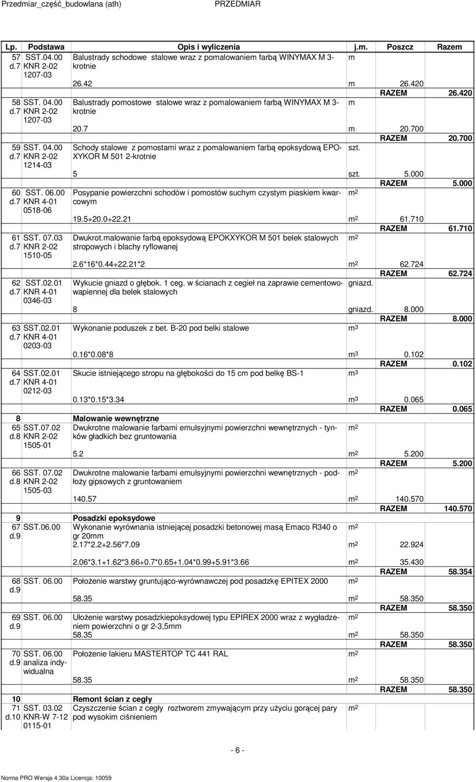 420 20.7 20.700 RAZEM 20.700 Schody stalowe z poostai wraz z poalowanie farbą epoksydową EPO- szt. XYKOR M 501 2-krotnie 5 szt. 5.000 RAZEM 5.