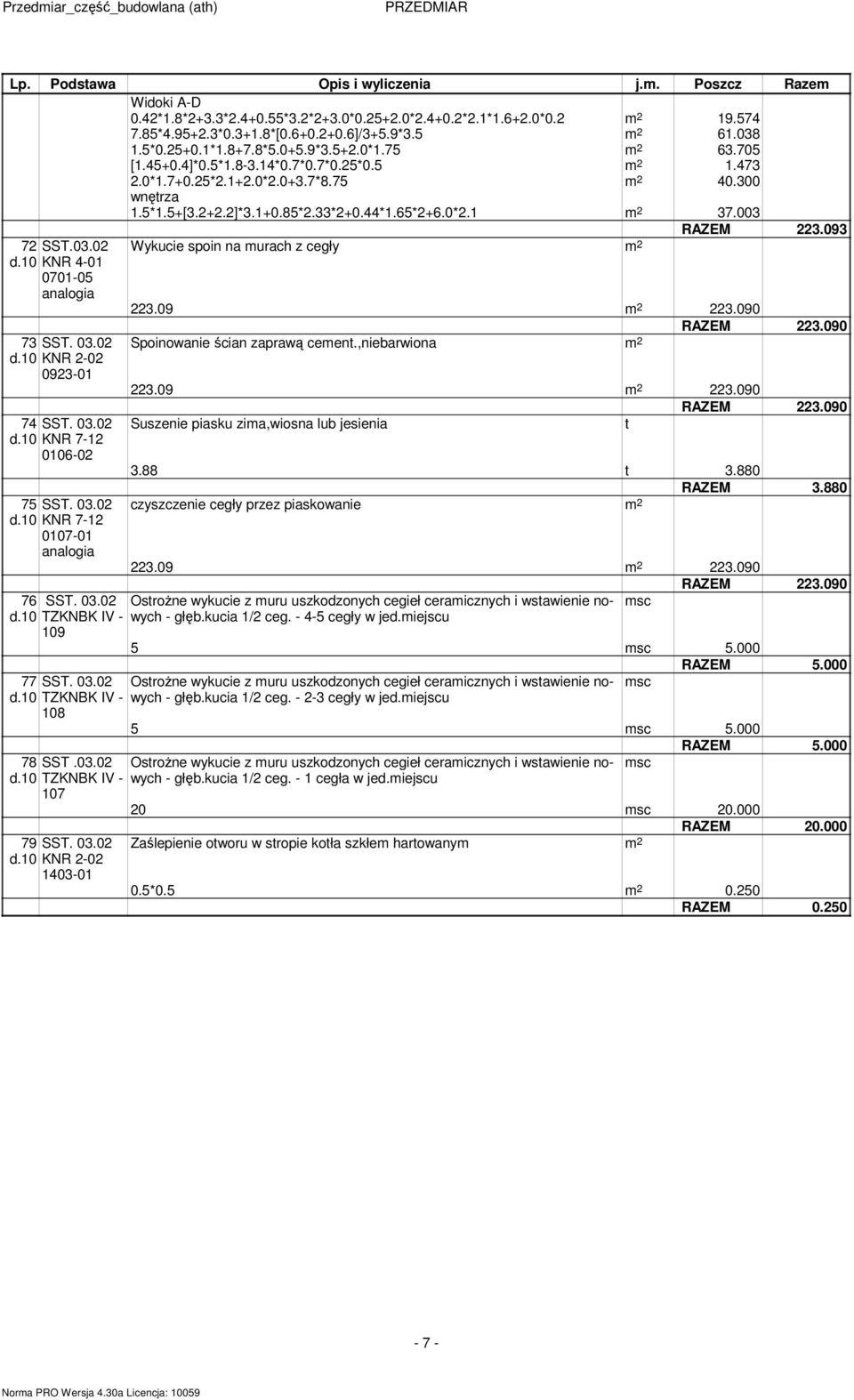 85*2.33*2+0.44*1.65*2+6.0*2.1 2 37.003 RAZEM 223.093 72 SST.03.02 Wykucie spoin na urach z cegły 2 d.10 KNR 4-01 0701-05 223.09 2 223.090 73 SST. 03.02 d.10 KNR 2-02 0923-01 74 SST. 03.02 d.10 KNR 7-12 0106-02 75 SST.