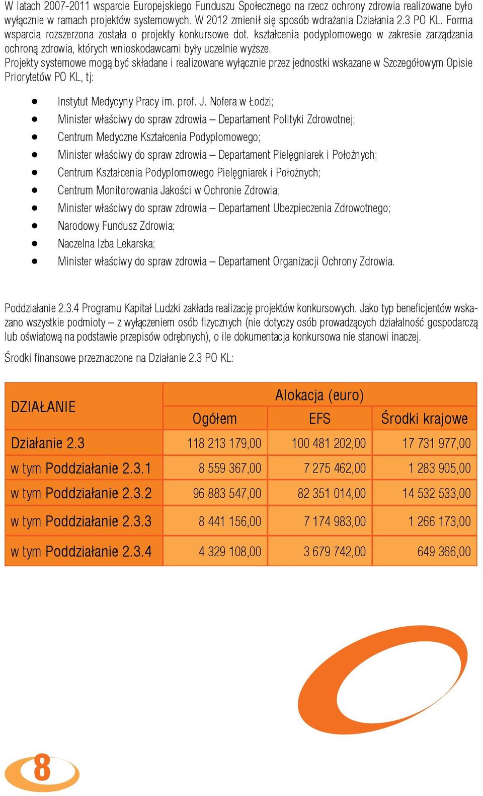 Projekty systemowe mogą być składane i realizowane wyłącznie przez jednostki wskazane w Szczegółowym Opisie Priorytetów PO KL, tj: Instytut Medycyny Pracy im. prof. J.