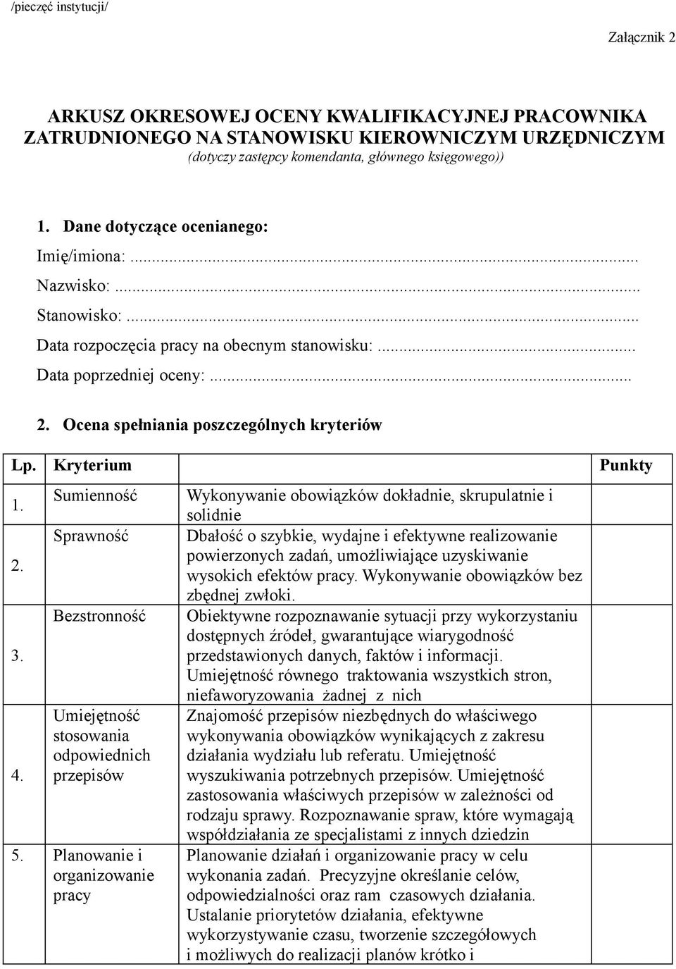 Kryterium Punkty 1. 2. 3. 4. Sumienność Sprawność Bezstronność Umiejętność stosowania odpowiednich przepisów 5.