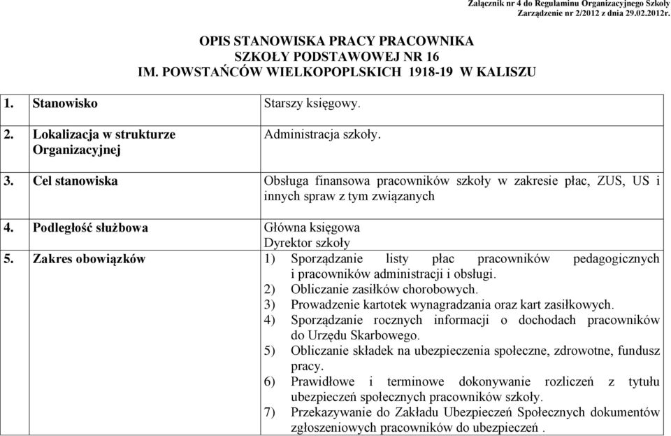 Cel stanowiska Obsługa finansowa pracowników szkoły w zakresie płac, ZUS, US i innych spraw z tym związanych 4. Podległość służbowa Główna księgowa Dyrektor szkoły 5.