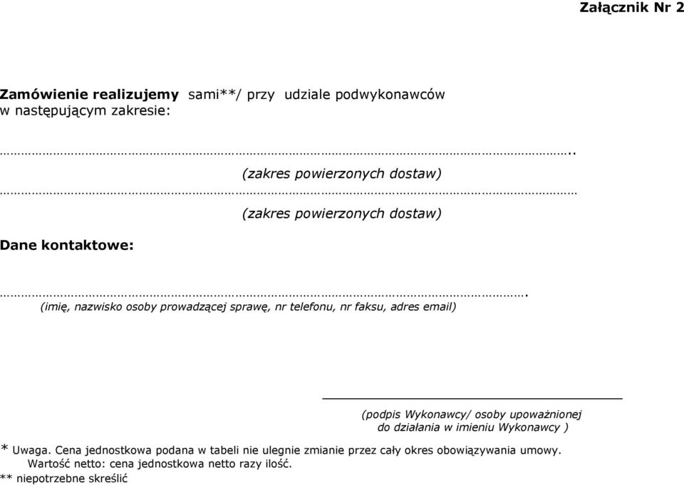 (imię, nazwisko osoby prowadzącej sprawę, nr telefonu, nr faksu, adres email) (podpis Wykonawcy/ osoby