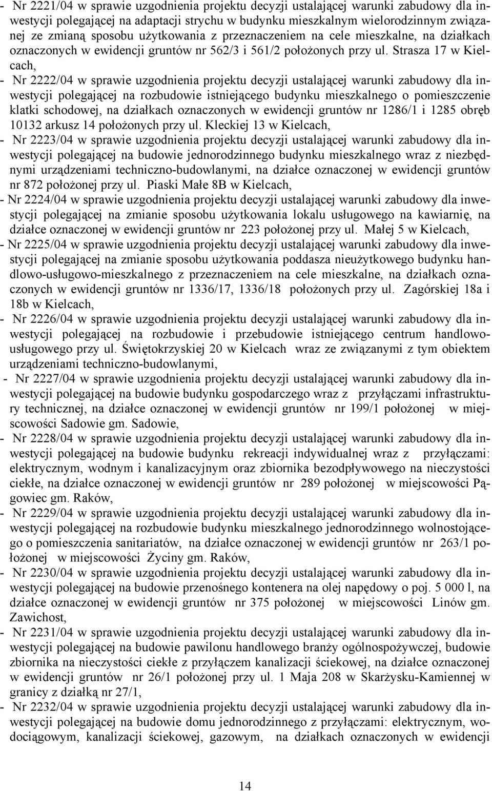 Strasza 17 w Kielcach, - Nr 2222/04 w sprawie uzgodnienia projektu decyzji ustalającej warunki zabudowy dla inwestycji polegającej na rozbudowie istniejącego budynku mieszkalnego o pomieszczenie