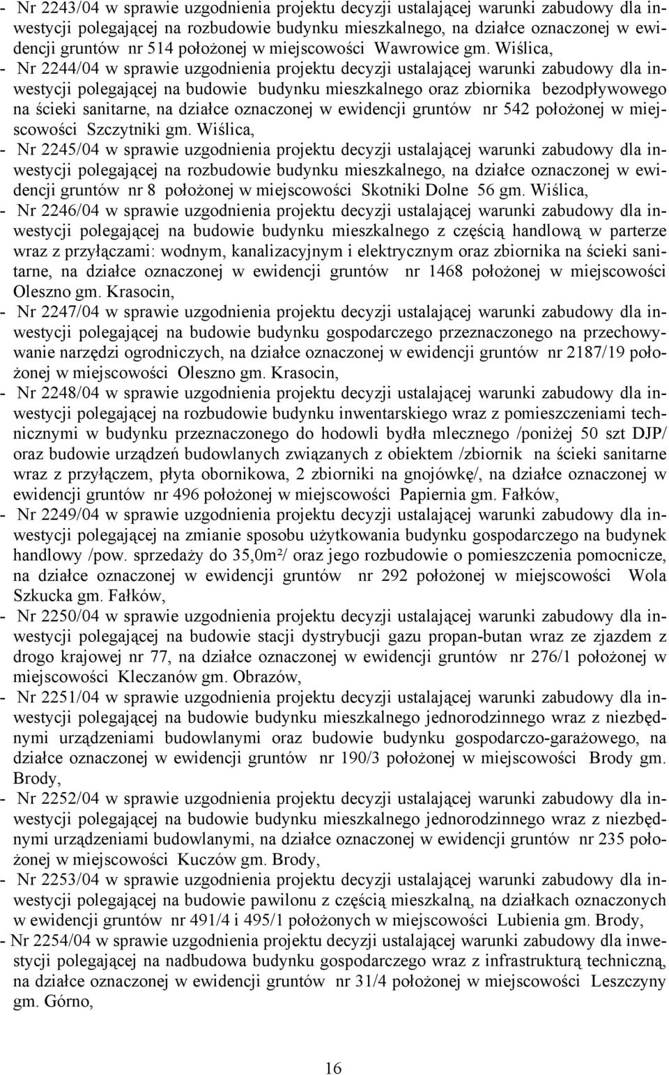 Wiślica, - Nr 2244/04 w sprawie uzgodnienia projektu decyzji ustalającej warunki zabudowy dla inwestycji polegającej na budowie budynku mieszkalnego oraz zbiornika bezodpływowego na ścieki sanitarne,